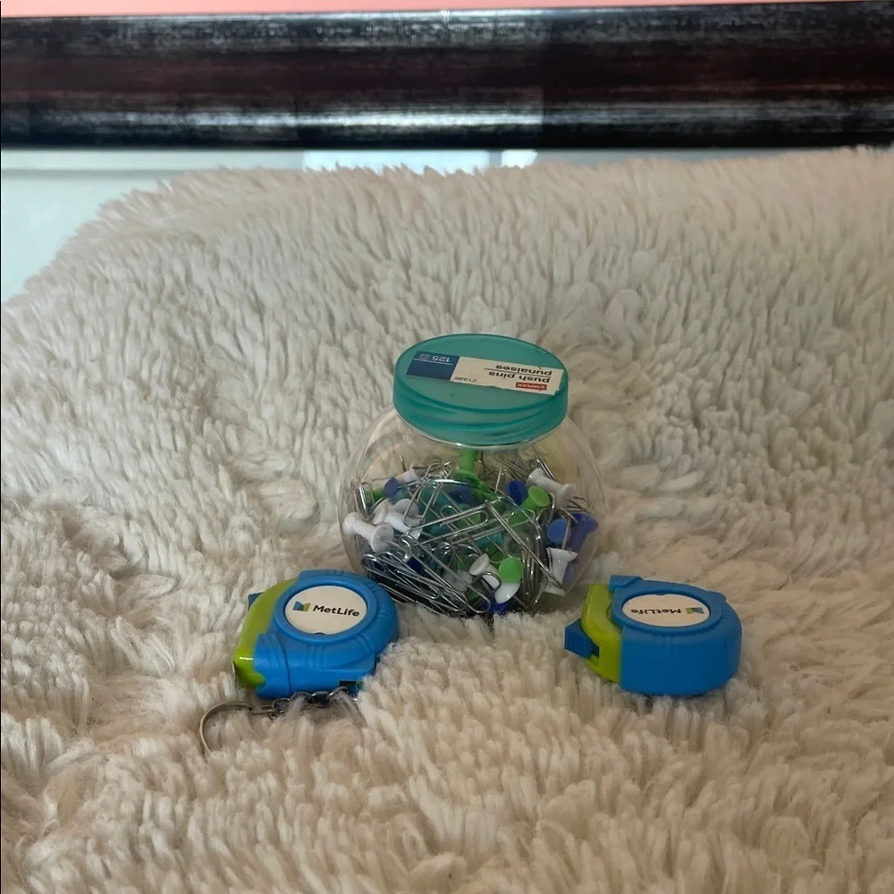 MetLife Blue and Green Tape Measures x 2 with Push Pins and paper clips .